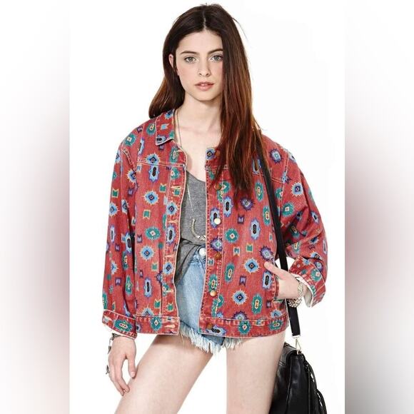Vintage The 1 East Custom Collection Aztec Tribal Print Denim Jacket - Picture 1 of 6